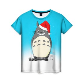 Женская футболка 3D с принтом Тоторо под снегом в Белгороде, 100% полиэфир ( синтетическое хлопкоподобное полотно) | прямой крой, круглый вырез горловины, длина до линии бедер | totoro | аниме | новогодние аниме | новый год | рождественские аниме | тоторо