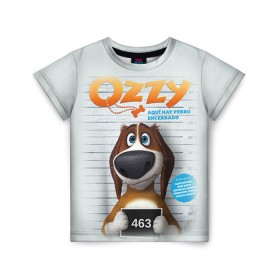 Детская футболка 3D с принтом Ozzy в Белгороде, 100% гипоаллергенный полиэфир | прямой крой, круглый вырез горловины, длина до линии бедер, чуть спущенное плечо, ткань немного тянется | Тематика изображения на принте: dog | fast furry | бигль | большой собачий побег | мартин | мультфильм | оззи | побег | свободу разношерстным | собака