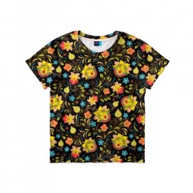 Детская футболка 3D с принтом Хохлома в Белгороде, 100% гипоаллергенный полиэфир | прямой крой, круглый вырез горловины, длина до линии бедер, чуть спущенное плечо, ткань немного тянется | Тематика изображения на принте: голубые | девушкам | желтые | красные | цветы