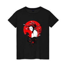 Женская футболка хлопок с принтом Гейша в Белгороде, 100% хлопок | прямой крой, круглый вырез горловины, длина до линии бедер, слегка спущенное плечо | 3d | народные | прикольные | сакура | цветы | этнические | япония