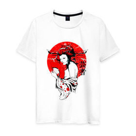 Мужская футболка хлопок с принтом Гейша в Белгороде, 100% хлопок | прямой крой, круглый вырез горловины, длина до линии бедер, слегка спущенное плечо. | 3d | народные | прикольные | сакура | цветы | этнические | япония