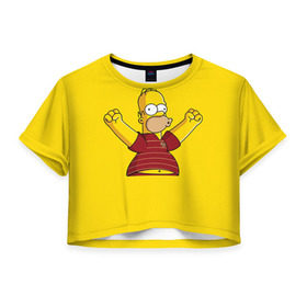Женская футболка 3D укороченная с принтом Гомер-болельщик в Белгороде, 100% полиэстер | круглая горловина, длина футболки до линии талии, рукава с отворотами | Тематика изображения на принте: simpsons