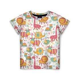 Детская футболка 3D с принтом Детские рисунки в Белгороде, 100% гипоаллергенный полиэфир | прямой крой, круглый вырез горловины, длина до линии бедер, чуть спущенное плечо, ткань немного тянется | дети | животные | жираф | лев | птица | рисунок | слон | фауна | черепаха