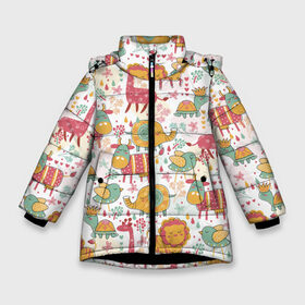 Зимняя куртка для девочек 3D с принтом Детские рисунки в Белгороде, ткань верха — 100% полиэстер; подклад — 100% полиэстер, утеплитель — 100% полиэстер. | длина ниже бедра, удлиненная спинка, воротник стойка и отстегивающийся капюшон. Есть боковые карманы с листочкой на кнопках, утяжки по низу изделия и внутренний карман на молнии. 

Предусмотрены светоотражающий принт на спинке, радужный светоотражающий элемент на пуллере молнии и на резинке для утяжки. | Тематика изображения на принте: дети | животные | жираф | лев | птица | рисунок | слон | фауна | черепаха