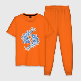 Мужская пижама хлопок с принтом Японские карпы Кои в Белгороде, 100% хлопок | брюки и футболка прямого кроя, без карманов, на брюках мягкая резинка на поясе и по низу штанин
 | Тематика изображения на принте: вода | зодиак | карп | кои | рыба | япония