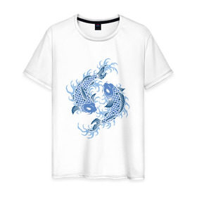 Мужская футболка хлопок с принтом Японские карпы Кои в Белгороде, 100% хлопок | прямой крой, круглый вырез горловины, длина до линии бедер, слегка спущенное плечо. | вода | зодиак | карп | кои | рыба | япония