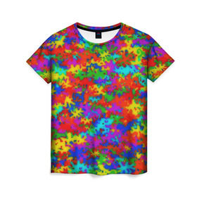 Женская футболка 3D с принтом Радужный камуфляж в Белгороде, 100% полиэфир ( синтетическое хлопкоподобное полотно) | прямой крой, круглый вырез горловины, длина до линии бедер | dye | tie | tie dye | краска | милитари | радуга | тай дай | текстура | цвет