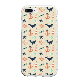 Чехол для iPhone 7Plus/8 Plus матовый с принтом Морской узор в Белгороде, Силикон | Область печати: задняя сторона чехла, без боковых панелей | буй | вода | звезда | кит | коралл | маяк | мозаика | море | океан | песок | ракушка | узор | якорь