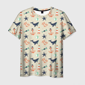 Мужская футболка 3D с принтом Морской узор в Белгороде, 100% полиэфир | прямой крой, круглый вырез горловины, длина до линии бедер | Тематика изображения на принте: буй | вода | звезда | кит | коралл | маяк | мозаика | море | океан | песок | ракушка | узор | якорь