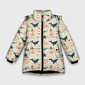 Зимняя куртка для девочек 3D с принтом Морской узор в Белгороде, ткань верха — 100% полиэстер; подклад — 100% полиэстер, утеплитель — 100% полиэстер. | длина ниже бедра, удлиненная спинка, воротник стойка и отстегивающийся капюшон. Есть боковые карманы с листочкой на кнопках, утяжки по низу изделия и внутренний карман на молнии. 

Предусмотрены светоотражающий принт на спинке, радужный светоотражающий элемент на пуллере молнии и на резинке для утяжки. | Тематика изображения на принте: буй | вода | звезда | кит | коралл | маяк | мозаика | море | океан | песок | ракушка | узор | якорь