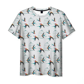 Мужская футболка 3D с принтом Ласточки в Белгороде, 100% полиэфир | прямой крой, круглый вырез горловины, длина до линии бедер | весна | клетка | ласточка | мозаика | письмо | птица | узор
