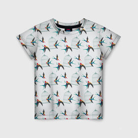 Детская футболка 3D с принтом Ласточки в Белгороде, 100% гипоаллергенный полиэфир | прямой крой, круглый вырез горловины, длина до линии бедер, чуть спущенное плечо, ткань немного тянется | весна | клетка | ласточка | мозаика | письмо | птица | узор
