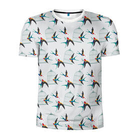 Мужская футболка 3D спортивная с принтом Ласточки в Белгороде, 100% полиэстер с улучшенными характеристиками | приталенный силуэт, круглая горловина, широкие плечи, сужается к линии бедра | весна | клетка | ласточка | мозаика | письмо | птица | узор