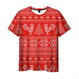 Мужская футболка 3D с принтом Вязанный свитер с петухами в Белгороде, 100% полиэфир | прямой крой, круглый вырез горловины, длина до линии бедер | 2017 | new year | год | новогодний | новый | огненный | петух | петушок | с новым годом