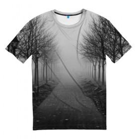Мужская футболка 3D с принтом Тропинка в Белгороде, 100% полиэфир | прямой крой, круглый вырез горловины, длина до линии бедер | Тематика изображения на принте: деревья | дорожка | природа | тропинка | туман