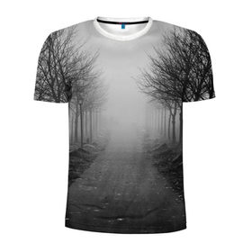 Мужская футболка 3D спортивная с принтом Тропинка в Белгороде, 100% полиэстер с улучшенными характеристиками | приталенный силуэт, круглая горловина, широкие плечи, сужается к линии бедра | деревья | дорожка | природа | тропинка | туман