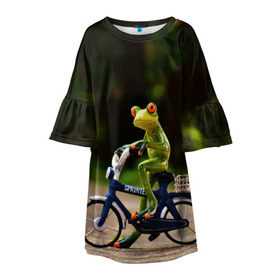 Детское платье 3D с принтом Лягушка в Белгороде, 100% полиэстер | прямой силуэт, чуть расширенный к низу. Круглая горловина, на рукавах — воланы | велосипед | жаба | животные | лягушка | мини | фигурка