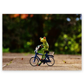 Поздравительная открытка с принтом Лягушка в Белгороде, 100% бумага | плотность бумаги 280 г/м2, матовая, на обратной стороне линовка и место для марки
 | Тематика изображения на принте: велосипед | жаба | животные | лягушка | мини | фигурка