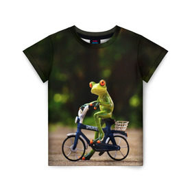 Детская футболка 3D с принтом Лягушка в Белгороде, 100% гипоаллергенный полиэфир | прямой крой, круглый вырез горловины, длина до линии бедер, чуть спущенное плечо, ткань немного тянется | велосипед | жаба | животные | лягушка | мини | фигурка