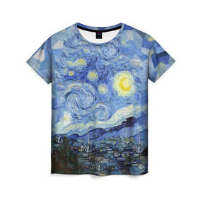 Женская футболка 3D с принтом Звездная ночь в Белгороде, 100% полиэфир ( синтетическое хлопкоподобное полотно) | прямой крой, круглый вырез горловины, длина до линии бедер | starry night | ван гог | город | звезды | импрессионизм | луна | ночь | художник