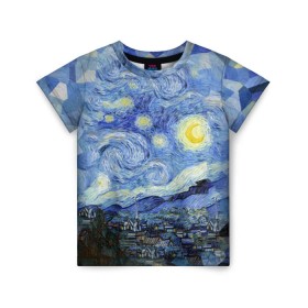 Детская футболка 3D с принтом Звездная ночь в Белгороде, 100% гипоаллергенный полиэфир | прямой крой, круглый вырез горловины, длина до линии бедер, чуть спущенное плечо, ткань немного тянется | starry night | ван гог | город | звезды | импрессионизм | луна | ночь | художник