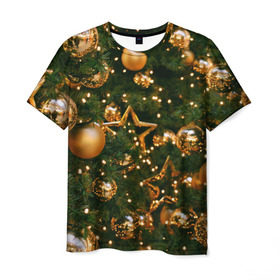 Мужская футболка 3D с принтом Праздничные шары в Белгороде, 100% полиэфир | прямой крой, круглый вырез горловины, длина до линии бедер | елка | елочные | звезды | золото | игрушки | хвоя | шары