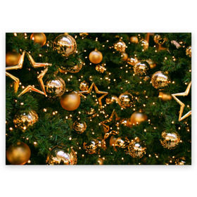 Поздравительная открытка с принтом Праздничные шары в Белгороде, 100% бумага | плотность бумаги 280 г/м2, матовая, на обратной стороне линовка и место для марки
 | елка | елочные | звезды | золото | игрушки | хвоя | шары