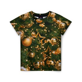 Детская футболка 3D с принтом Праздничные шары в Белгороде, 100% гипоаллергенный полиэфир | прямой крой, круглый вырез горловины, длина до линии бедер, чуть спущенное плечо, ткань немного тянется | елка | елочные | звезды | золото | игрушки | хвоя | шары