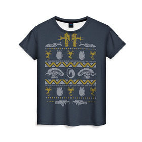 Женская футболка 3D с принтом Новогодний свитер Чужой в Белгороде, 100% полиэфир ( синтетическое хлопкоподобное полотно) | прямой крой, круглый вырез горловины, длина до линии бедер | alien | new year | новогодний