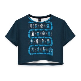 Женская футболка 3D укороченная с принтом Новогодний свитер Доктор Кто в Белгороде, 100% полиэстер | круглая горловина, длина футболки до линии талии, рукава с отворотами | 2017 | new year | год | доктор | кто | новогодний | новый | петух | петушок