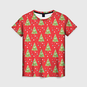 Женская футболка 3D с принтом Новый год от new.art.fox в Белгороде, 100% полиэфир ( синтетическое хлопкоподобное полотно) | прямой крой, круглый вырез горловины, длина до линии бедер | елки | красный | новогодний | паттерн | рождество