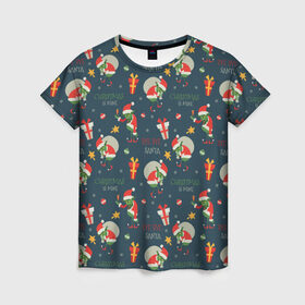 Женская футболка 3D с принтом Гринч в Белгороде, 100% полиэфир ( синтетическое хлопкоподобное полотно) | прямой крой, круглый вырез горловины, длина до линии бедер | ангел | ёлка | ель | зима | колокольчик | нг | новый год | олень | рождество | санта | снег