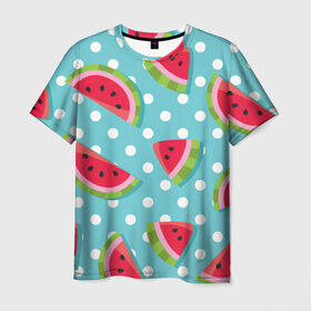 Мужская футболка 3D с принтом Арбузный рай в Белгороде, 100% полиэфир | прямой крой, круглый вырез горловины, длина до линии бедер | Тематика изображения на принте: berry | eat | fruit | pattern | sweet | watermelon | арбуз | еда | сладость | узор | фрукт | ягода