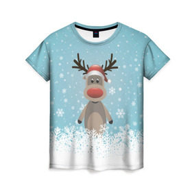Женская футболка 3D с принтом Рудольф в Белгороде, 100% полиэфир ( синтетическое хлопкоподобное полотно) | прямой крой, круглый вырез горловины, длина до линии бедер | ангел | ёлка | ель | зима | колокольчик | нг | новый год | олень | рождество | санта | снег