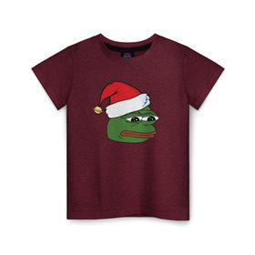 Детская футболка хлопок с принтом New year sad frog в Белгороде, 100% хлопок | круглый вырез горловины, полуприлегающий силуэт, длина до линии бедер | Тематика изображения на принте: pepe | новогодний | пепе | шапка