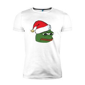 Мужская футболка премиум с принтом New year sad frog в Белгороде, 92% хлопок, 8% лайкра | приталенный силуэт, круглый вырез ворота, длина до линии бедра, короткий рукав | pepe | новогодний | пепе | шапка