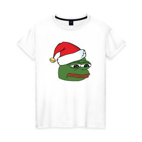 Женская футболка хлопок с принтом New year sad frog в Белгороде, 100% хлопок | прямой крой, круглый вырез горловины, длина до линии бедер, слегка спущенное плечо | pepe | новогодний | пепе | шапка