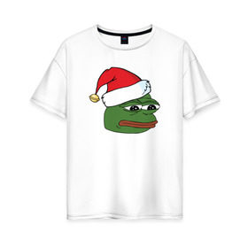 Женская футболка хлопок Oversize с принтом New year sad frog в Белгороде, 100% хлопок | свободный крой, круглый ворот, спущенный рукав, длина до линии бедер
 | Тематика изображения на принте: pepe | новогодний | пепе | шапка