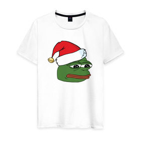 Мужская футболка хлопок с принтом New year sad frog в Белгороде, 100% хлопок | прямой крой, круглый вырез горловины, длина до линии бедер, слегка спущенное плечо. | pepe | новогодний | пепе | шапка
