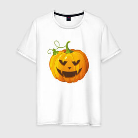 Мужская футболка хлопок с принтом Хэллоуин тыква в Белгороде, 100% хлопок | прямой крой, круглый вырез горловины, длина до линии бедер, слегка спущенное плечо. | 