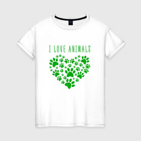 Женская футболка хлопок с принтом i love animals в Белгороде, 100% хлопок | прямой крой, круглый вырез горловины, длина до линии бедер, слегка спущенное плечо | cat | арт | добро | животные | кот | котенок | котик | кошка | любовь | принт | рисунок | сердце