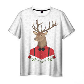 Мужская футболка 3D с принтом Christmas Deer в Белгороде, 100% полиэфир | прямой крой, круглый вырез горловины, длина до линии бедер | new year | олень | рождество | роза | снег | узор
