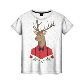 Женская футболка 3D с принтом Christmas Deer в Белгороде, 100% полиэфир ( синтетическое хлопкоподобное полотно) | прямой крой, круглый вырез горловины, длина до линии бедер | new year | олень | рождество | роза | снег | узор