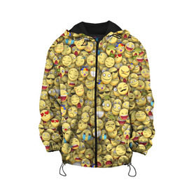 Детская куртка 3D с принтом Смайлики. Стикербомбинг в Белгороде, 100% полиэстер | застежка — молния, подол и капюшон оформлены резинкой с фиксаторами, по бокам — два кармана без застежек, один потайной карман на груди, плотность верхнего слоя — 90 г/м2; плотность флисового подклада — 260 г/м2 | emoji | желтый | мем | смайл | стикербомбинг | текстура | улыбка | эмодзи