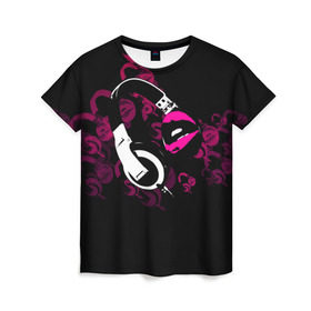 Женская футболка 3D с принтом Music love в Белгороде, 100% полиэфир ( синтетическое хлопкоподобное полотно) | прямой крой, круглый вырез горловины, длина до линии бедер | dj | klub | music | губы | диджей | клуб | музыка | наушники
