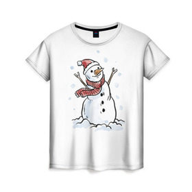 Женская футболка 3D с принтом Снеговик в Белгороде, 100% полиэфир ( синтетическое хлопкоподобное полотно) | прямой крой, круглый вырез горловины, длина до линии бедер | happy new year | new year | santa claus | дед мороз | дедушка мороз | новый год | санта клаус | снеговик