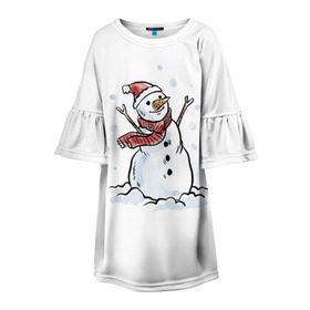 Детское платье 3D с принтом Снеговик в Белгороде, 100% полиэстер | прямой силуэт, чуть расширенный к низу. Круглая горловина, на рукавах — воланы | happy new year | new year | santa claus | дед мороз | дедушка мороз | новый год | санта клаус | снеговик