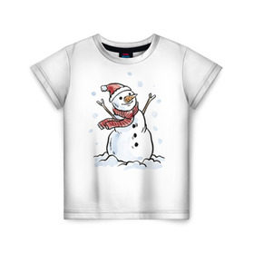 Детская футболка 3D с принтом Снеговик в Белгороде, 100% гипоаллергенный полиэфир | прямой крой, круглый вырез горловины, длина до линии бедер, чуть спущенное плечо, ткань немного тянется | Тематика изображения на принте: happy new year | new year | santa claus | дед мороз | дедушка мороз | новый год | санта клаус | снеговик