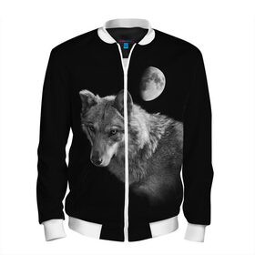 Мужской бомбер 3D с принтом Ночной Волк в Белгороде, 100% полиэстер | застегивается на молнию, по бокам два кармана без застежек, по низу бомбера и на воротнике - эластичная резинка | Тематика изображения на принте: волк | волки | животные | звери | луна | ночь | серый | черно белый