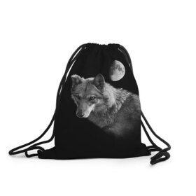 Рюкзак-мешок 3D с принтом Ночной Волк в Белгороде, 100% полиэстер | плотность ткани — 200 г/м2, размер — 35 х 45 см; лямки — толстые шнурки, застежка на шнуровке, без карманов и подкладки | волк | волки | животные | звери | луна | ночь | серый | черно белый